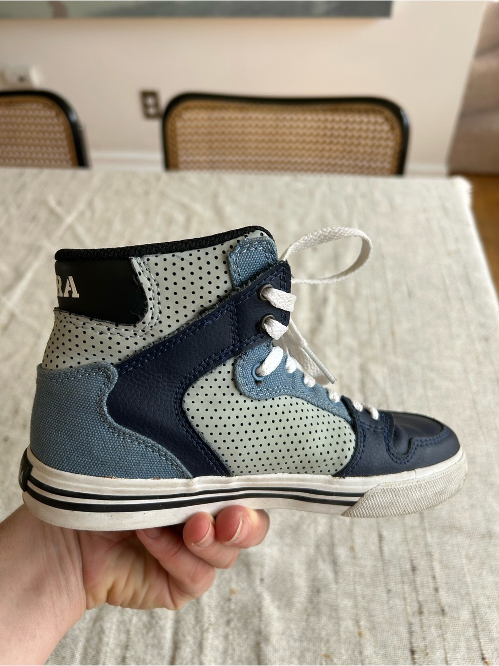 Supra Vader Kids’ High-Top Skate Sneakers in Perforated Navy and Light Gray